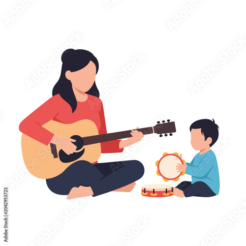 Mother and child playing musical instruments together