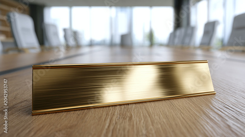 Blank Gold Desk Nameplate Resting on a Large Executive Desk