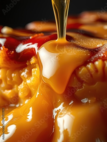 Golden caramel sauce artfully drizzling over a sweet dessert, creating a rich, gooey texture. Close-up captures indulgent appeal and a tempting culinary delight