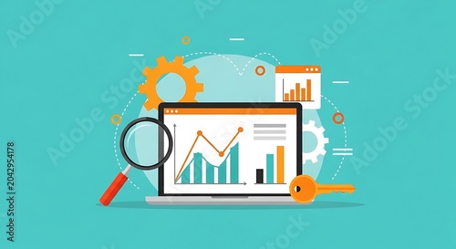 A graphic illustration of a laptop displaying graphs and charts with a magnifying glass and key on a teal background with various icons.