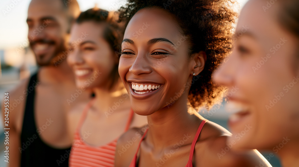 Fototapeta premium Friends laughing after outdoor workout, group fitness energy and endorphin release, smiling people in warm sunlight, wellness lifestyle, motivation, teamwork, stress relief, active community.