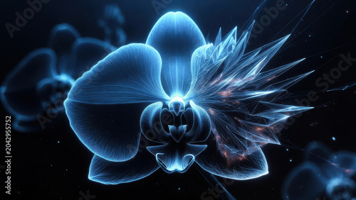 Glowing orchid flower on dark desktop wallpaper with luminous petals and abstract crystal fractal elements creating serene futuristic mood