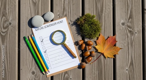 Autumn objects on wooden background.