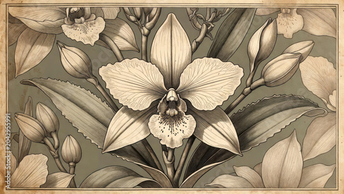 Orchid flower desktop wallpaper vintage botanical illustration with detailed petals and buds evoking calm elegance