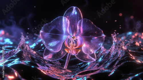 Orchid flower glowing neon orchid floats above rippling liquid desktop wallpaper with soft luminous reflections and serene mood