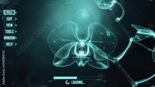 Orchid flower glowing translucent orchid on futuristic desktop wallpaper with soft teal lighting and delicate digital detail