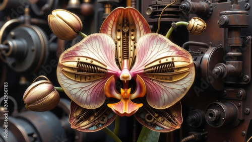 Orchid flower desktop wallpaper mechanical orchid with brass gears and soft pink petals glowing on dark industrial desktop scene evoking wonder