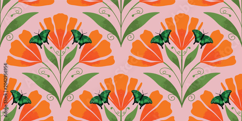 Marigold flower and butterfly seamless pattern design