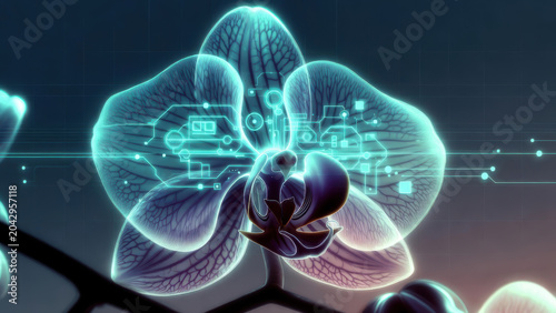 Orchid flower glowing orchid bloom with circuit overlay creates futuristic serene desktop wallpaper image evoking calm innovation