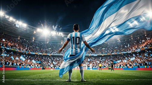 Soccer Player Celebrating with Argentinian Flag in Stadium - Dramatic Lighting