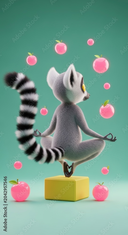 Fototapeta premium Cute lemur meditating with fruits floating.