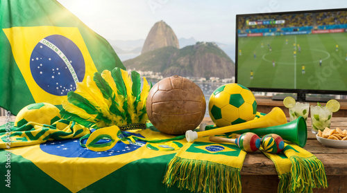 Brazilian Football Celebration: Flag, Soccer, Drinks, and Game on TV