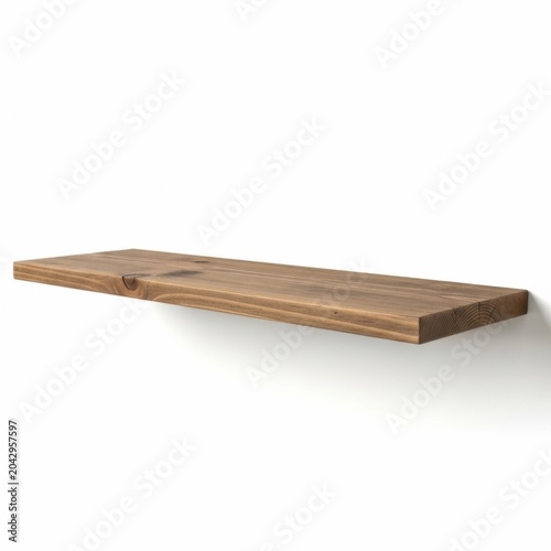 Single floating wooden shelf with natural grain texture mounted on white wall