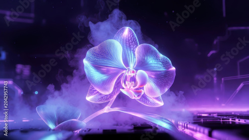 Orchid flower desktop wallpaper glowing neon orchid on futuristic desktop scene with mist and soft purple light creating dreamy mood