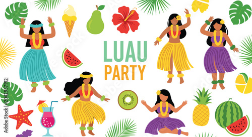Luau Party Vector Element Set with Hula Dancers, Tropical Fruits, Hibiscus Flowers, and Palm Leaves for Hawaiian Summer Beach Event and Invitation Designs