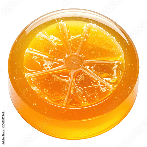 Overhead view of a translucent orange slice candy isolated on white background