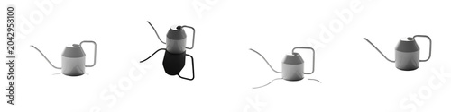 White metallic watering cans arranged in a row on a black background