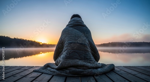 person sitting on dock at sunset.