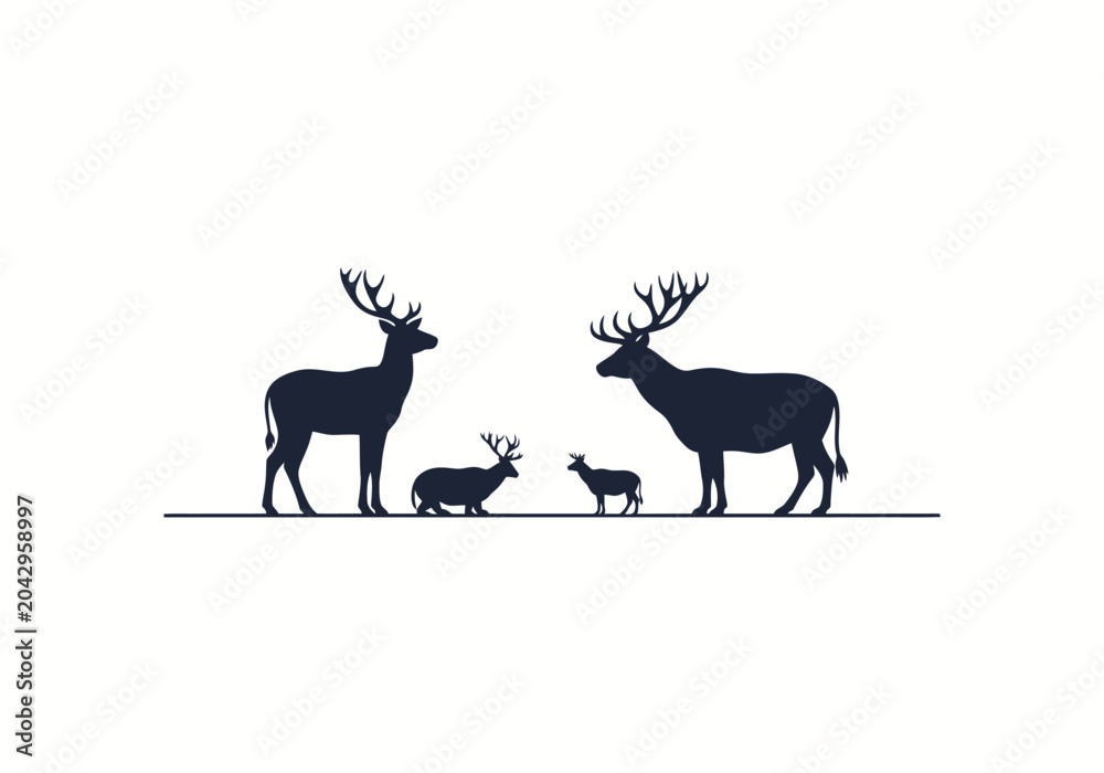 Fototapeta premium Deer Family Silhouette Standing on Plain