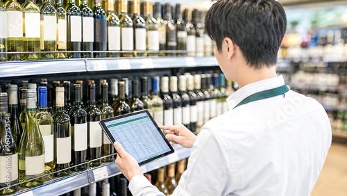Store Clerk Managing Inventory: A young store clerk meticulously checks wine inventory on a tablet, surrounded by rows of bottled wine on shelves, highlighting retail management and beverage sales.