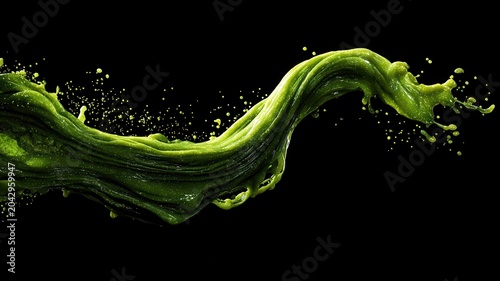 Green liquid flows in a wave shape against a black background and creates splashes in the air during an artistic display of motion