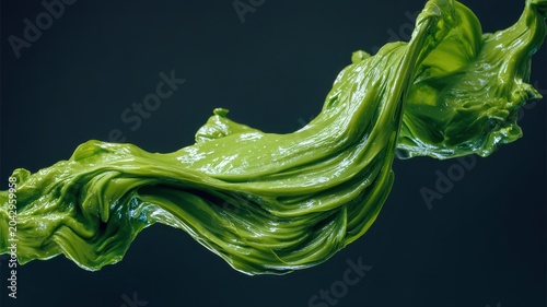 Green substance moves through the air in a suspended form, showing smooth curves and glossy surface during a light setup