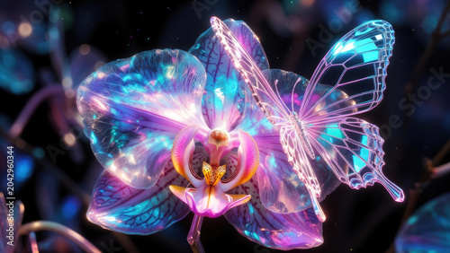 Orchid flower desktop wallpaper glowing neon orchid with iridescent petals and delicate luminous butterfly evoking wonder and calm