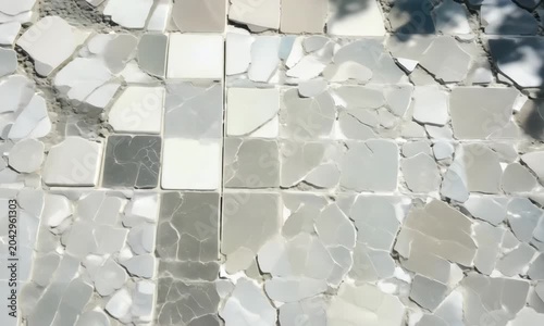 The cracked ceramic tiles are white and grey, highlighting the intricate details of the glazed texture.