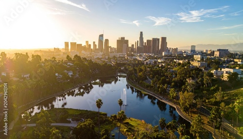 Los Angeles Skyline at Sunrise with Echo Park Lake and Palm Trees