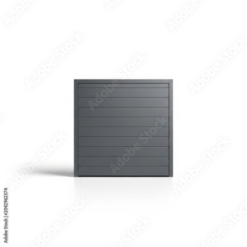 Square dark gray garage door with horizontal panels isolated on a plain white background