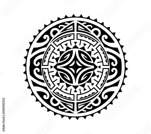 Maori sun medallion tribe black tattoo or symbol. Samoan tribal black decoration, New Zealand ethnic abstract print. Maori warrior folk tattoo