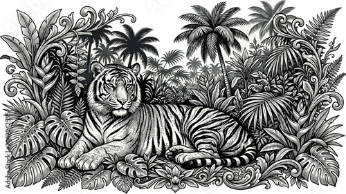 Photography Majestic Tiger Resting in Dense Jungle Forest with Tropical Palm Trees and Exoti