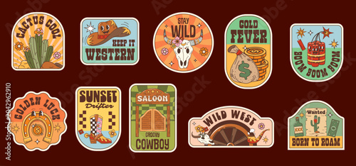 Tableau sur toile Wild West groovy label stickers, Western cowboy retro patches of vector cactus, hat, skull and horseshoe