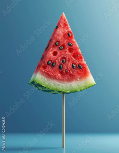 Natural Slice of Ripe Watermelon on Stick Over Blue Background – Fresh Summer Snack for Tropical Party or Juice Bar Promo