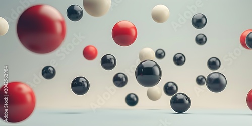 Floating glossy spheres abstract background with red black and white 3D geometric balls