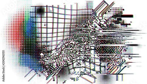 Schilderij op canvas Abstract Digital Glitch Art Vector with Halftone Pattern Texture Cyberpunk Grid