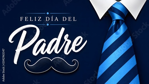 Tie Father’s Day Greeting Card with Spanish Text Feliz Día Del Padre and Blue Necktie Over Dark Blue Background