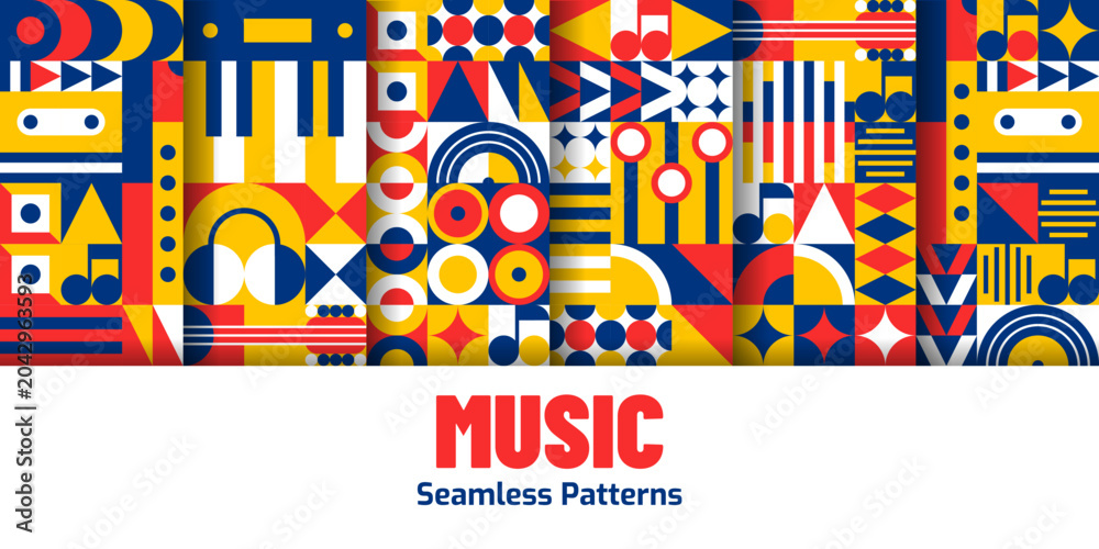 Obraz premium Music and sound production seamless patterns set with geometric ornament and shapes of notes, instruments, speakers and abstract sound symbols. Vector tile background with red, blue and yellow colors