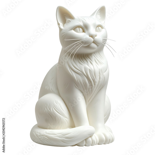 Elegant white cat sculpture with detailed fur texture on a clean background isolated on white background