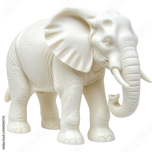 Detailed ivory elephant sculpture with textured skin and curled trunk. isolated on white background