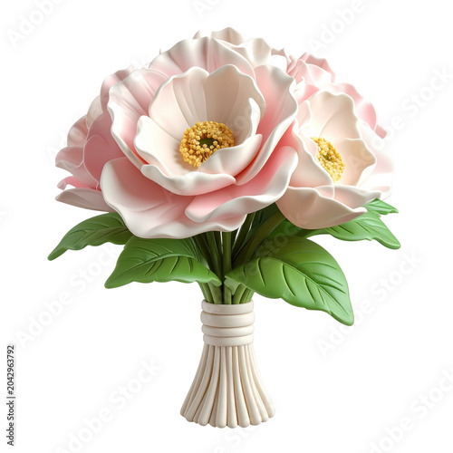 Artistic bouquet of pink and white flowers with green leaves isolated on white background