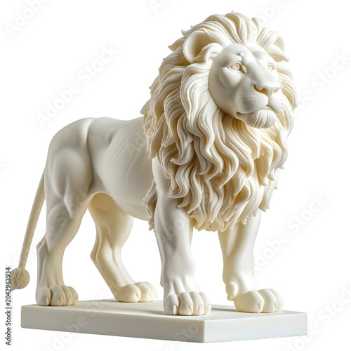 Majestic white lion statue with detailed mane and regal pose isolated on white background