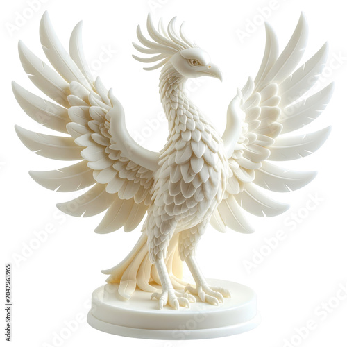 Majestic white phoenix sculpture with detailed feathers and open wings on display isolated on white background