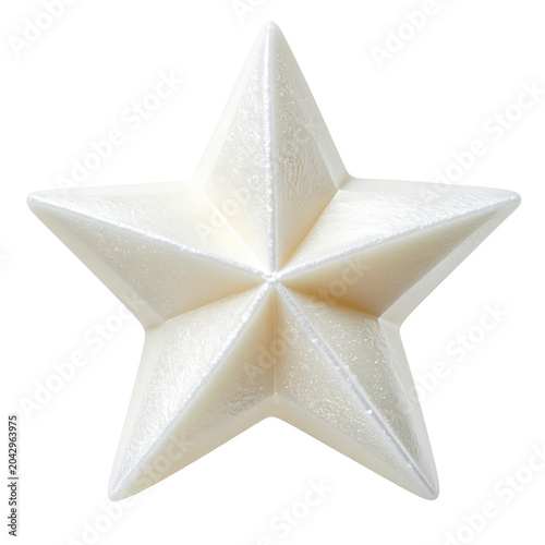 Detailed close-up of a textured pearlescent white star ornament isolated on white background