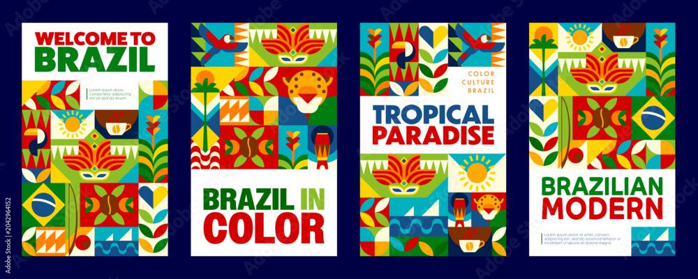 Obraz premium Brazil travel and vacation posters with modern geometric pattern, vector background. Welcome to Brazil posters with Brazilian carnival, tropical paradise parrots at Rio de Janeiro and Copacabana beach