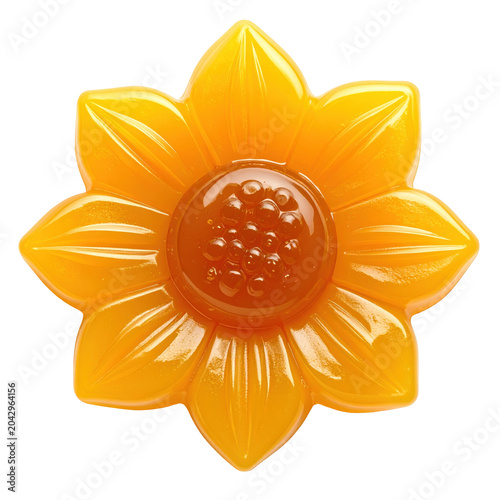 Glossy sunflower candy with amber center  top-down view isolated on white background