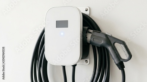 Home electric car charging station mounted on white wall