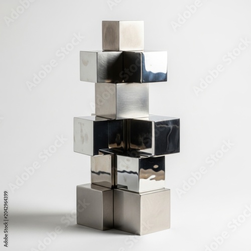 Stacked metallic silver cubes forming an abstract sculpture on a plain white background