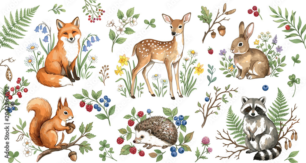 Fototapeta premium Cute Woodland Animals Icon Set with Deer Fox Rabbit Squirrel Raccoon Hedgehog and Forest Berries Watercolor Style Vector Illustration