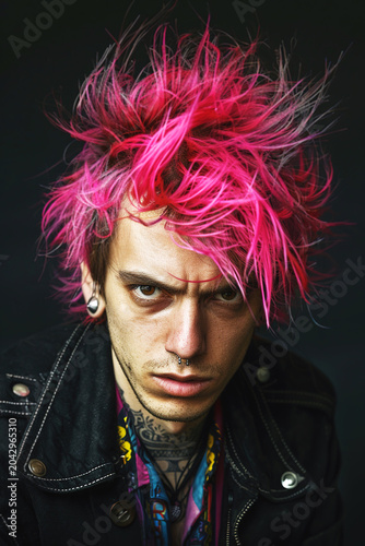 Punk rockstar with pink hair in edgy music concept portrait Ai Generative
